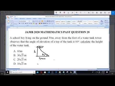 JAMB 2020 MATHEMATICS PAST QUESTION 28 Angle of Elevation