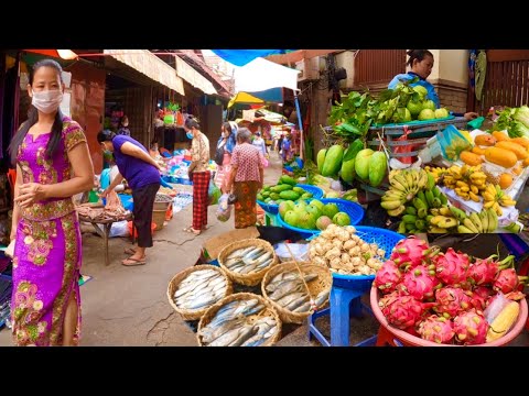 Walking tour at Boeung Tompun Market, Market Food Show - Chicken, Fish, Pork, fruit in Phnom Penh