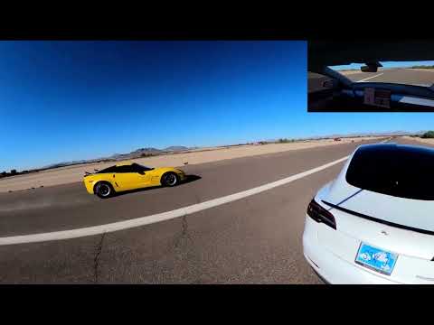 Yellow C6 Z06 vs Model 3 Performance 1/2-mile race at No Fly Zone Gila Bend 12/19/21 Quick Hit
