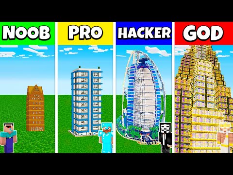 EPIC Minecraft Battle: NOOB vs PRO vs HACKER vs GOD: SKYSCRAPER HOUSE CHALLENGE