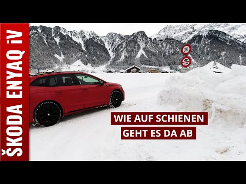 Skoda ENYAQ iV 80x winter driving test in Switzerland - Alpine pass uphill/downhill, starting, br...