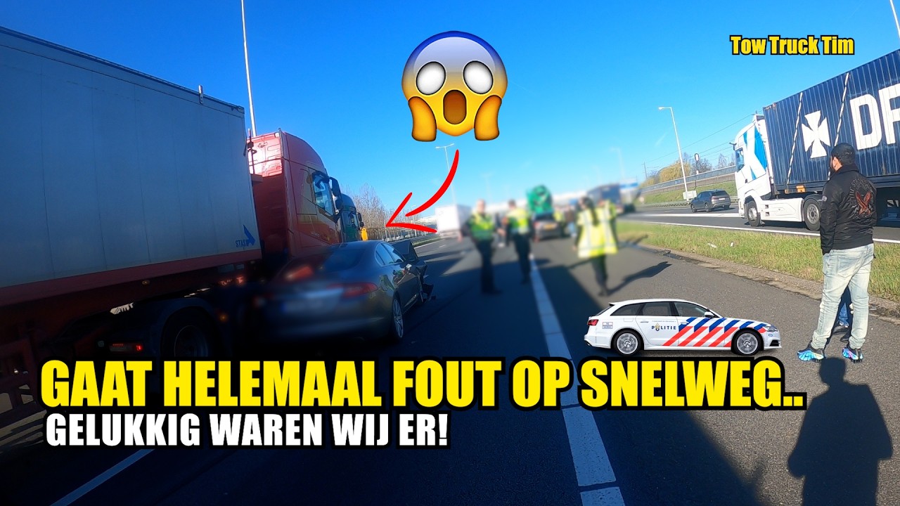 Gaat helemaal mis op snelweg! Ongeluk met vrachtwagen! 