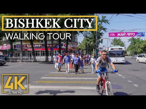 Explorando a cidade de Bishkek, República do Quirguistão - passeio urbano a pé em 4K com sons reais da cidade