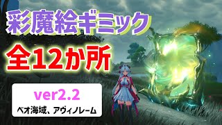 ver2.2彩魔絵ギミック「全12か所」解説　ベオ海域、アヴィノレーム　実績「芸術の才能」　リナシータ　さいまえ　ベオ海溝　本扉図書館・遺跡　救済の塔　剣授ホール・遺跡　鳴潮　リナシータ