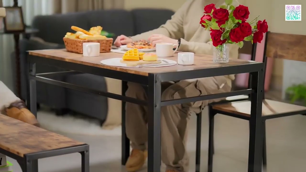 Dining Table Set for 4, Kitchen Table with Bench & 2 Chairs Modern Rectangular Metal Fram