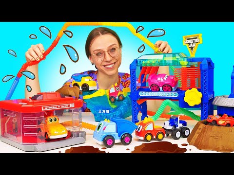 Lasten videoita suomeksi! Leluautot menevät autopesulaan. Korjataan vesiputket!