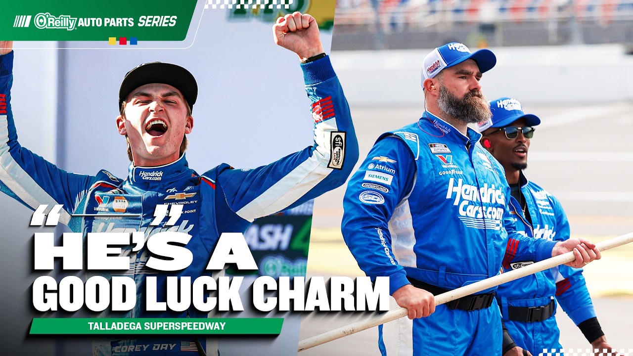 Video thumbnail for Corey Day Wins First NASCAR O'Reilly Series Race with Jason Kelce as Crewman