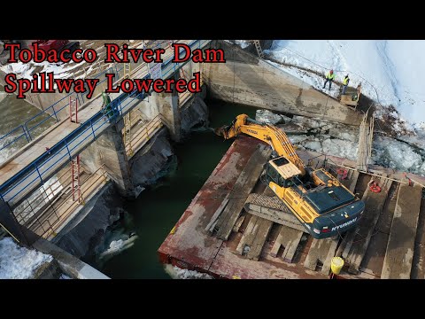 Tobacco River Dam Spillway Lowered Demolition - Wixom Lake Flood 2020 - Aerial