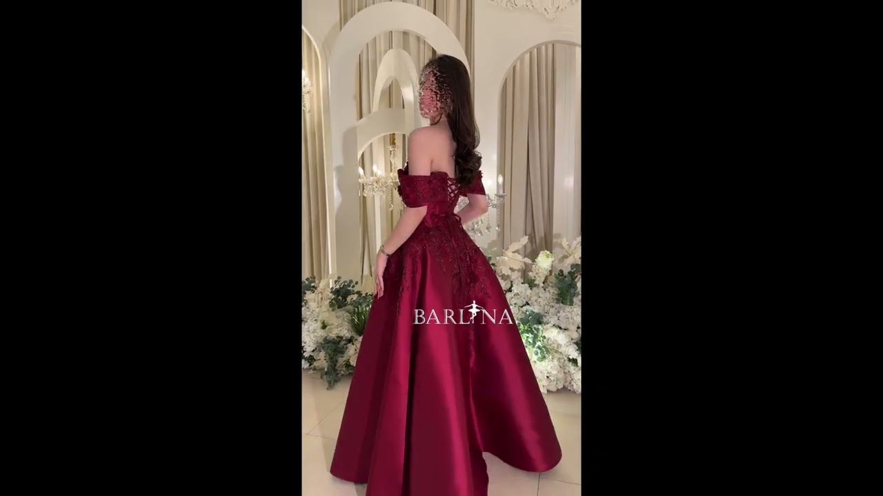 فستان عنابي اوف شولدر مع تطريز بارز - XXL