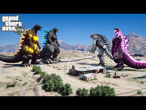 Burning Godzilla, Godzilla Ride vs Shin Godzilla, Mechagodzilla - Epic Battle ( GTA V Mods )