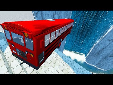 Stair Jump Down Car Jumps Through Waterfall - BeamNG drive