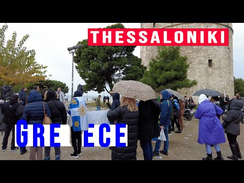 Caminhando 🇬🇷 e amando Thessaloniki, capital da região da Macedônia, na Grécia, passeio a pé em 4K em dezembro