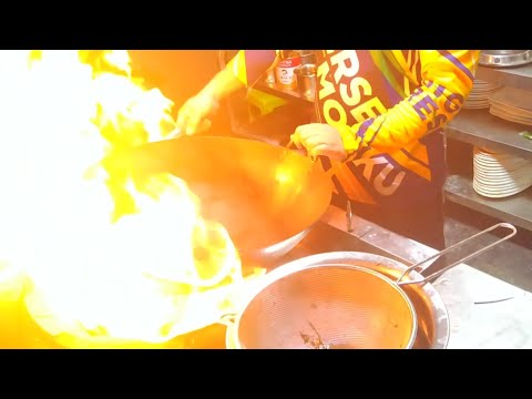 amazing wok skills! cooking with extreme  powerful fire