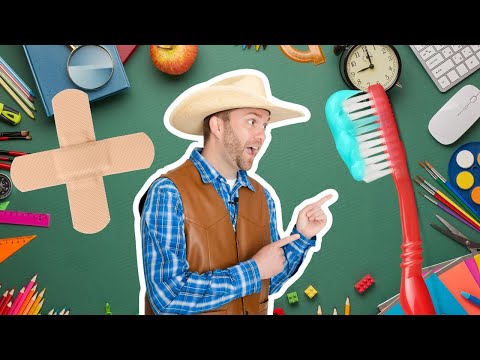Cheerful cowboy in a hat and vest points to a giant bandage-shaped plus sign on a green classroom backdrop surrounded by school supplies and tools.