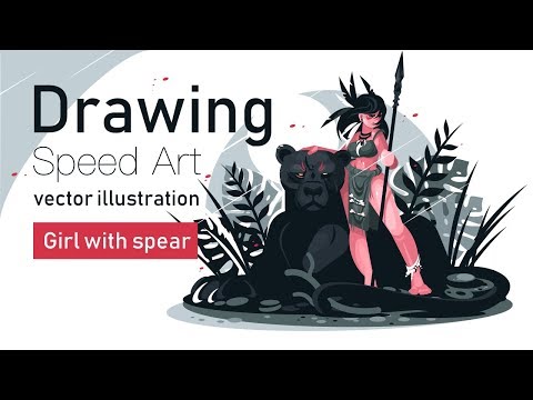Girl warrior with spear- Speed Art Drawing vector illustration