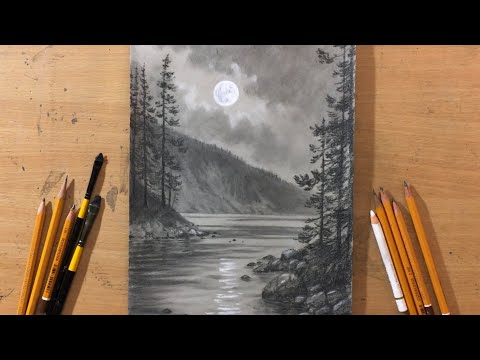 Moonlight Landscape in Graphite Pencil