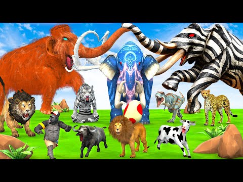 3 Giant Elephant Cow Vs Hybrid Elephant Zebra Vs 5 Giant Lion Cheetah Bull Saved By Woolly Mammoth