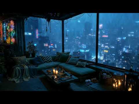 🎵Kurohana Lounge: Rain and Distant Echoing Ambient Music (Multi-Track) | Balcony Views | 4K | 10 hrs