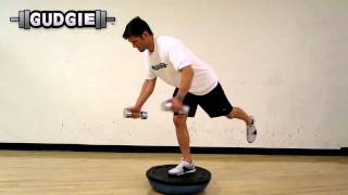 Dumbbell standing bent over reverse fly on balance device single leg alternating exercise video thumbnail