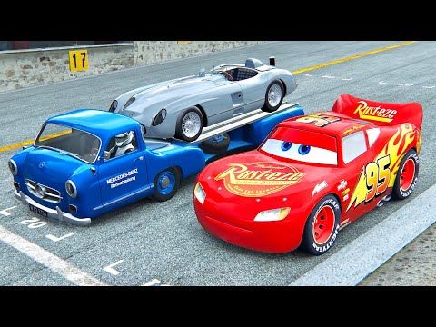 Lightning McQueen vs 1950 Mercedes Benz Racecar Transporter at Top Gear Track