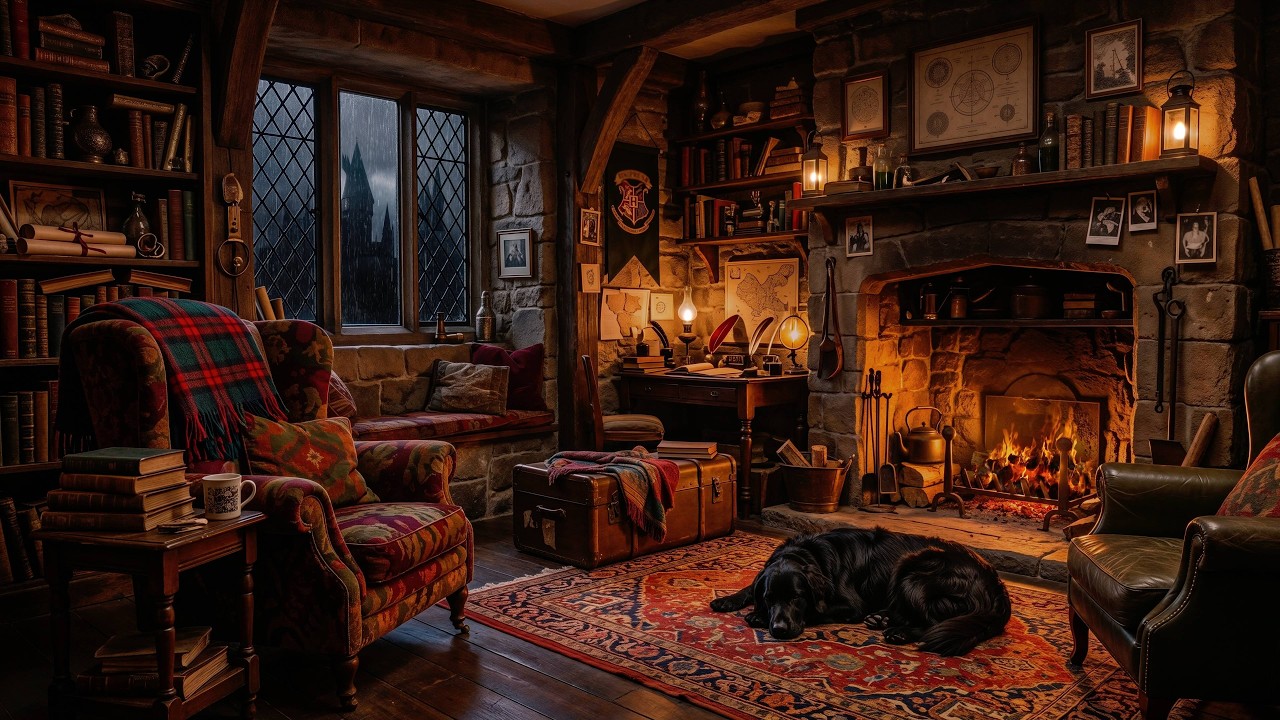 Study at Hogwarts: Professor Lupin’s Chamber | Crackling Fire & Rain Ambience