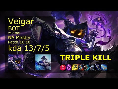 Veigar Bot vs Ashe - NA Master 13/7/5 Patch 10.18 Gameplay