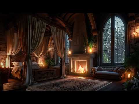 Nighttime Thunderstorm in a Cozy Castle Room Haven - Rain and Fireplace Sounds - 8 Hours