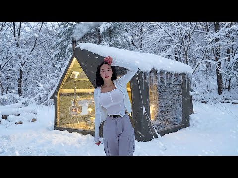 Camping in Snow Storm❄️with 2-Room Inflatable Tent | Camp ASMR