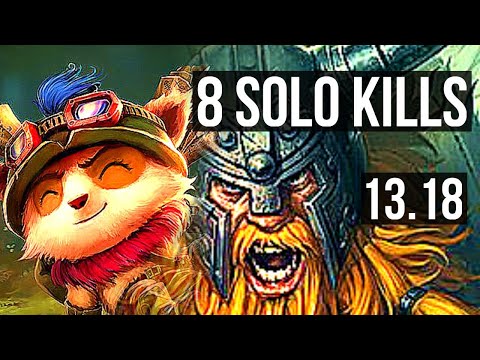 TEEMO vs OLAF (TOP) | 8 solo kills, 1.3M mastery, 400+ games, 13/4/12 | KR Master | 13.18