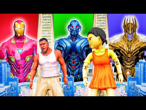 IRONMAN Red Gang VS ULTRON Green Gang VS THANOS PURPLE GANG play HIDE AND KILL with Doll In GTA 5