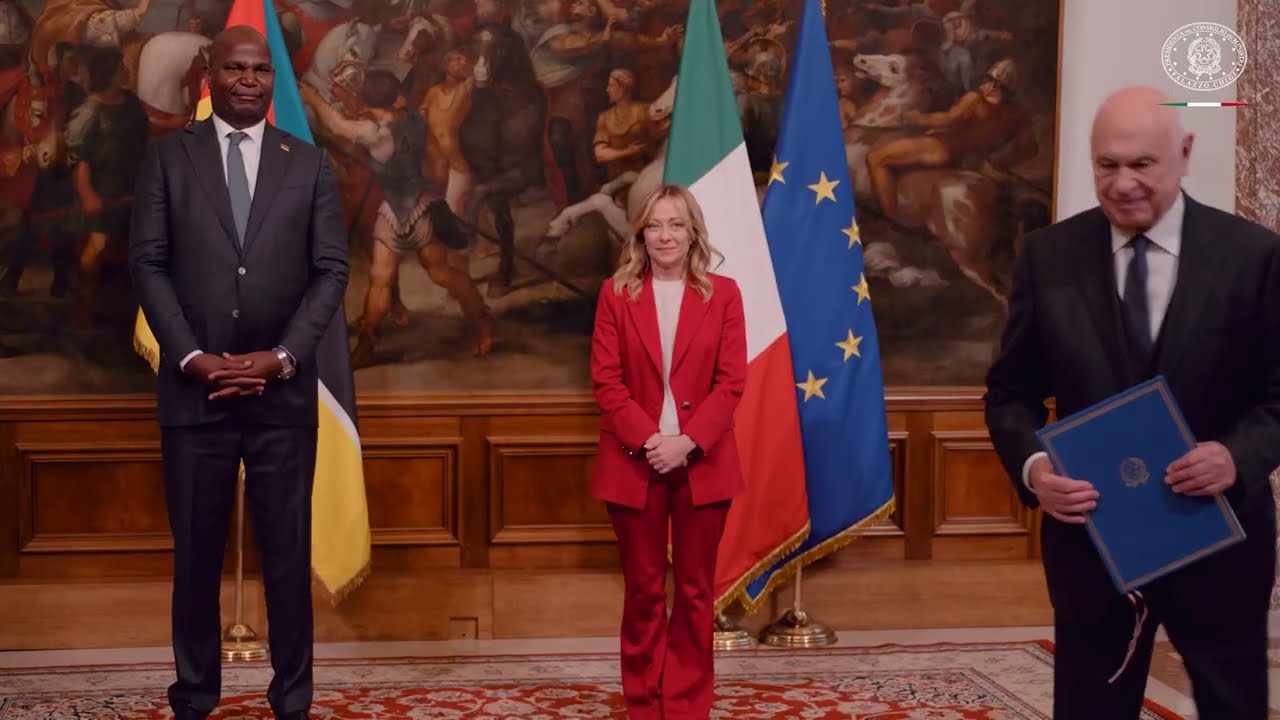 CERIMONIA DI SCAMBIO DEGLI ACCORDI ITALIA-MOZAMBICO AL TERMINE DELL’INCONTRO MELONI-CHAPO