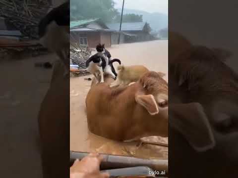 Viral! Aksi Sapi Menyelamatkan Kucing yang Hampir Terseret Arus Deras! #shortsviral #SapiPahlawan