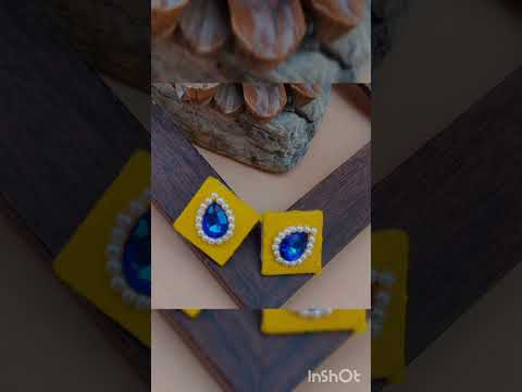 Elegant Square & Oval Fabric Stud Earrings with Teardrop Gem and Pearl Accents