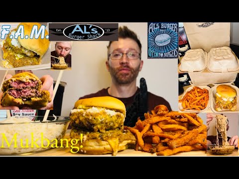 ASMR Mukbang Al’s Burger Shack, Best Burger in America, Bobo Chili Cheese Burger, Bobo Double, Fries