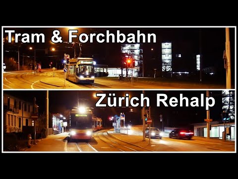 Nachts an der Tram Endhaltestelle und Forchbahn Haltestelle Zürich Rehalp, Schweiz 2020