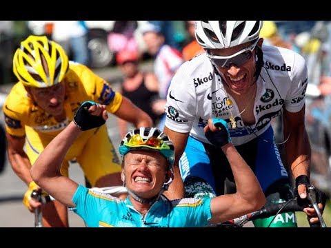 Tour de France 2007 - stage 15 - Rasmussen & Contador sprint uphill, Vinokourov strikes back