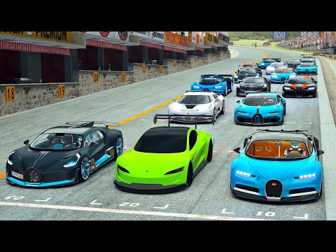 Tesla Roadster GTR vs Bugatti Hypercars at Mugello