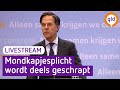 Persconferentie Mark Rutte en Hugo de Jonge: Mondkapjesplicht wordt deels geschrapt