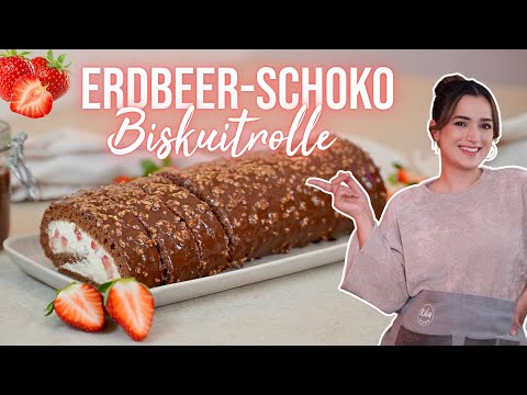 Erdbeer-Schoko-Biskuitrolle mit Nussglasur 😍 Erdbeerrolle / Schokorolle