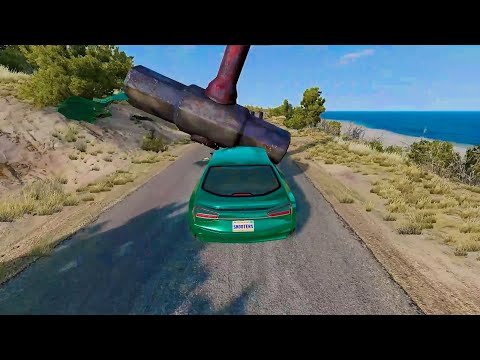 Cars vs Portal Trap and Contact Mine & Giant Destructive Hammer -Cars vs Bus vs Rails - BeamNG.Drive