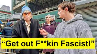 Protesters outside Canal Street in NYC demand press credentials from a reporter asking basic questions about the current state of America