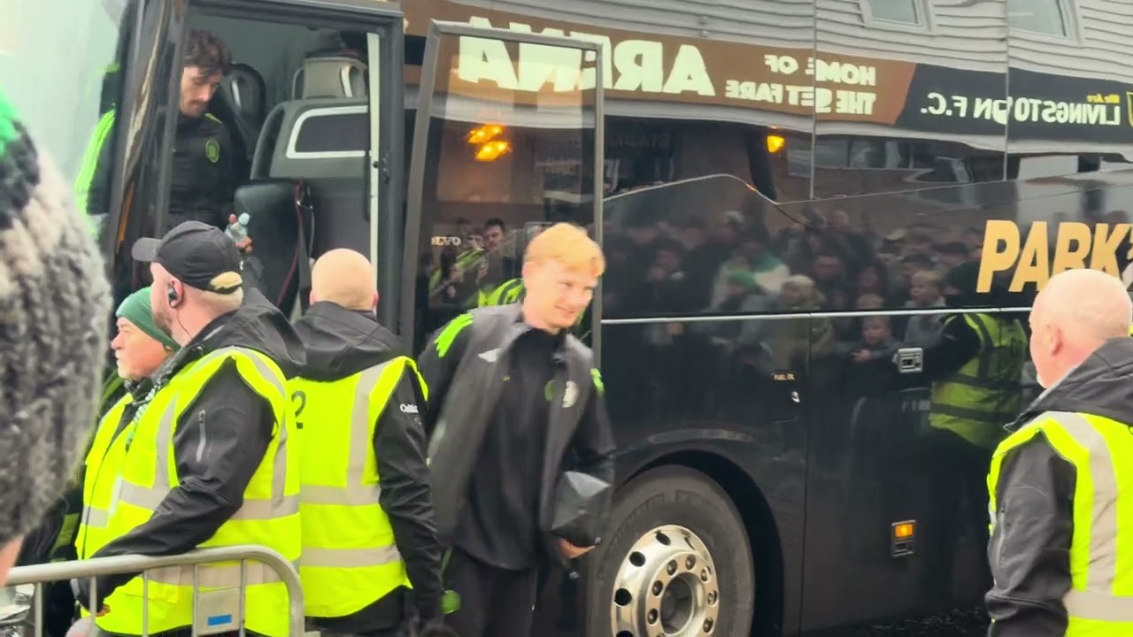 CELTIC TEAM BUS ARRIVING BEFORE THE LIVINGSTON V CELTIC GAME !! 