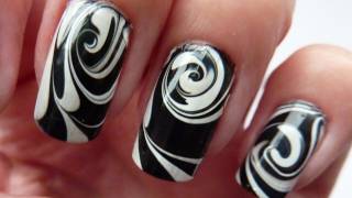 Water Marble For Short Nails, Black & White Swirl Nail Art Design Tutorial HowTo HD Video