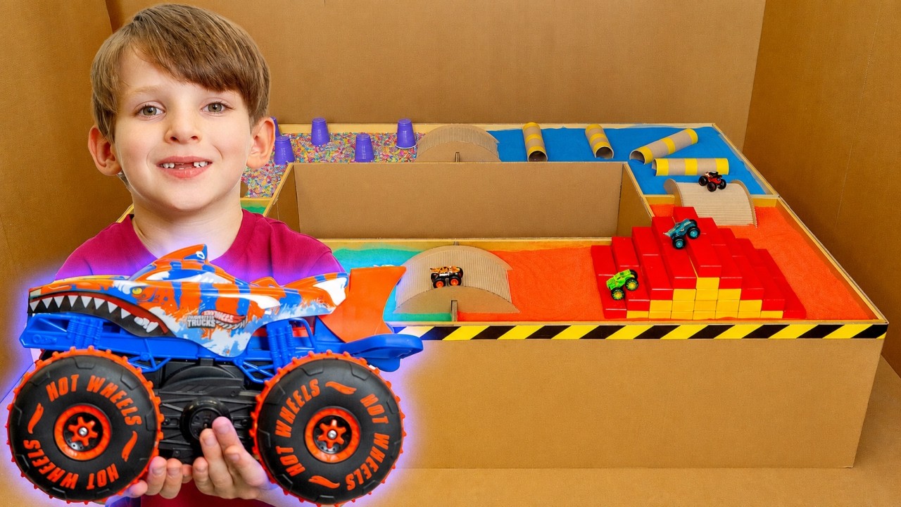 Hot Wheels Monster Trucks Race in a Cardboard Maze with Alex