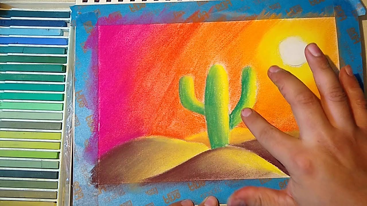 DIBUJO FACIL CON GISES PASTELES SECOS. --Cómo dibujar CACTUS y paisaje cálido--
