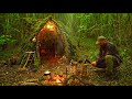 Construire un abri de survie dans une forêt désolée - Nourriture de camp à base d'herbes naturelles