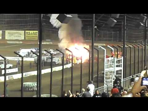 RV explodes into flames at demolition derby (Driver barely escapes with his life.)