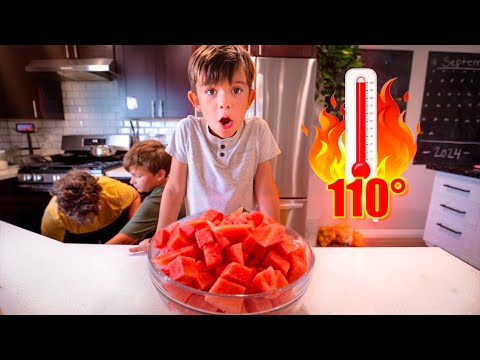 A boy leans toward a bowl of watermelon on a kitchen island with a surprised expression; two other kids in the background, and a flame icon with a thermometer reading 110° to the right.