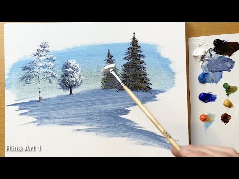 How to Draw Winter Tree with Fan Brush / Acrylic Painting for Beginners