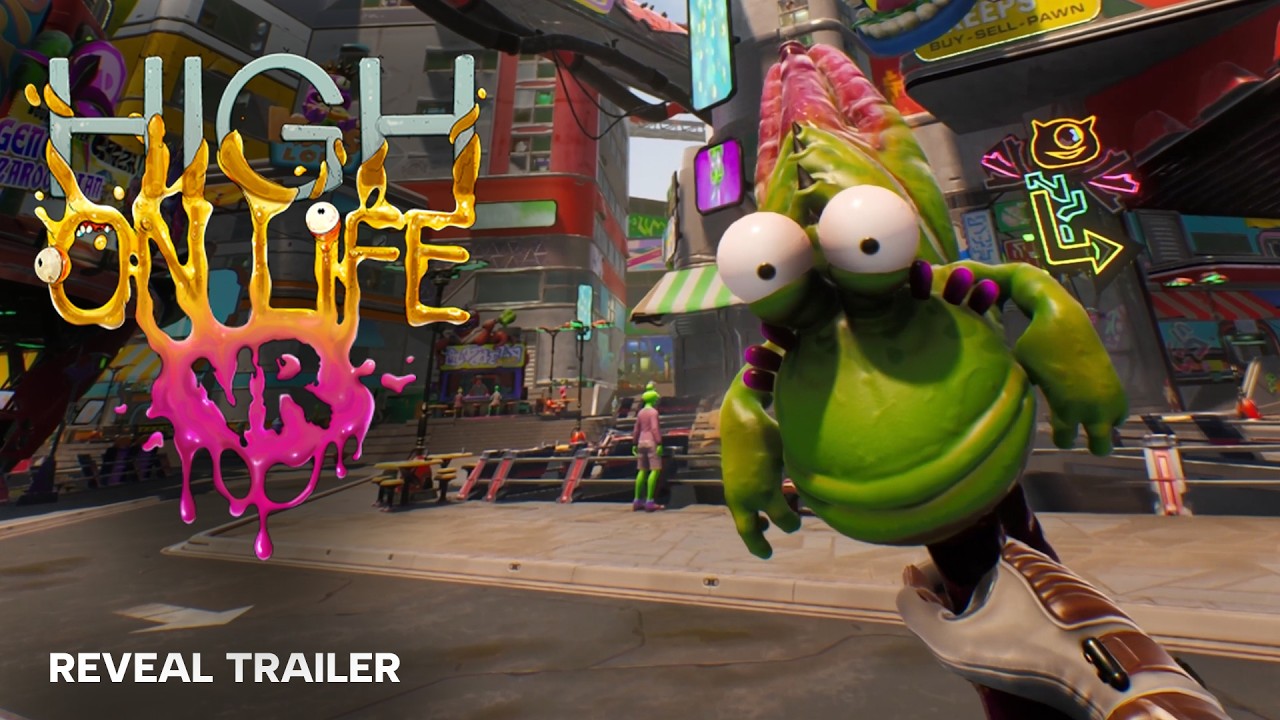 High on Life VR reveal trailer showing a green alien creature in the colorful streets of Blim City